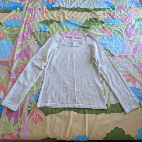 Debbiie & Morgan Metallic Silver woven Acrylic White Sz M Off Shoulder Sweater - Picture 3 of 14